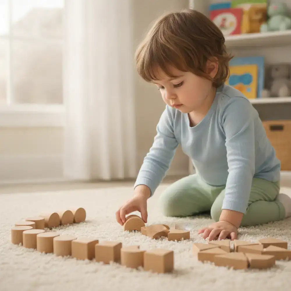 Child demonstrating cognitive growth by organizing letters