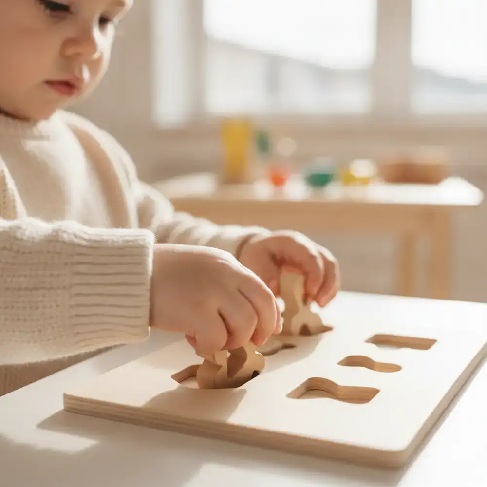 Close up of a child developing fine motor skills placing a letter