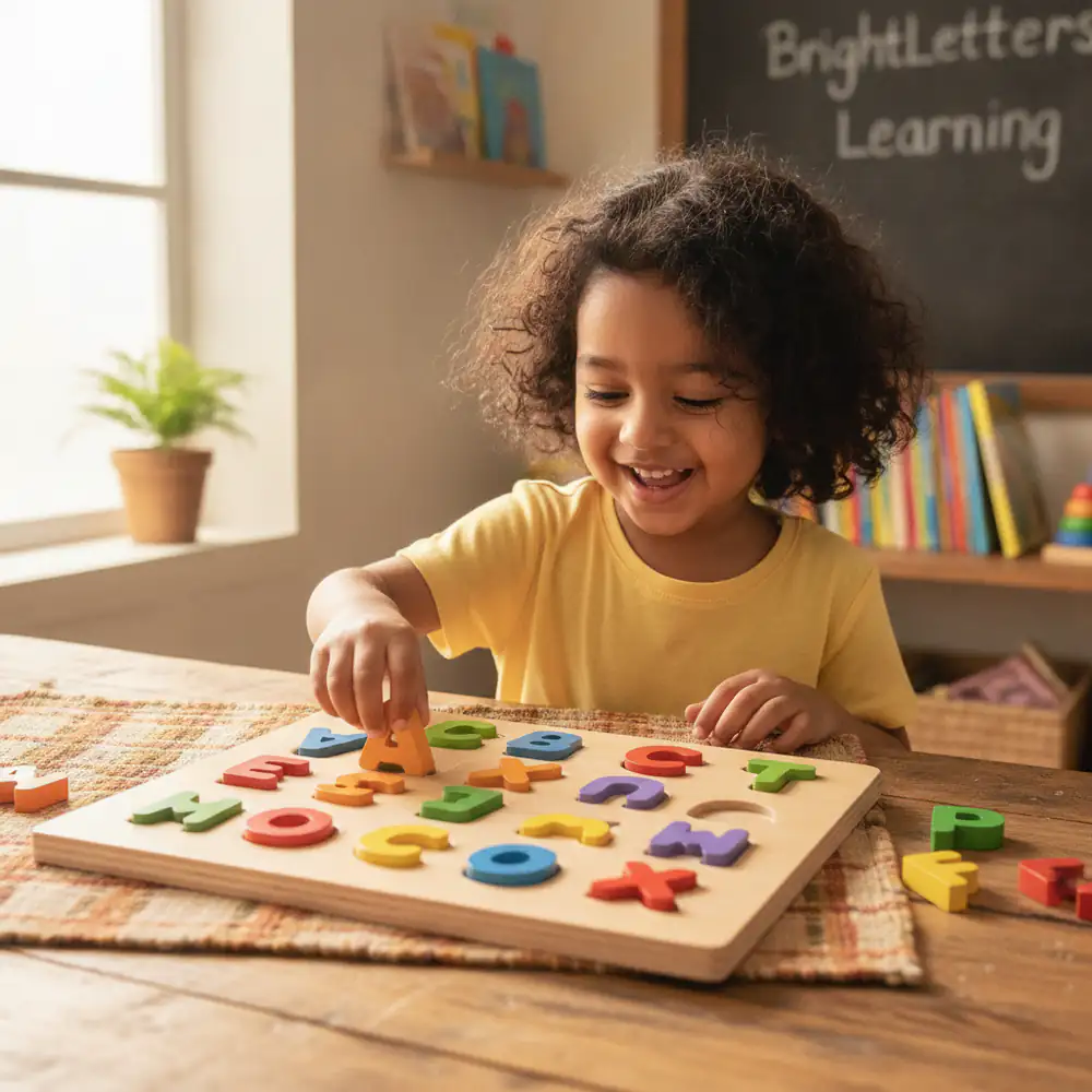 Child interacting with BrightLetters wooden alphabet puzzle